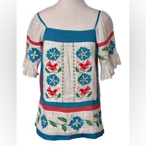 Bird Floral Embroidered Anthropologie Seen Kept Worn Top Shirt Peasant Small